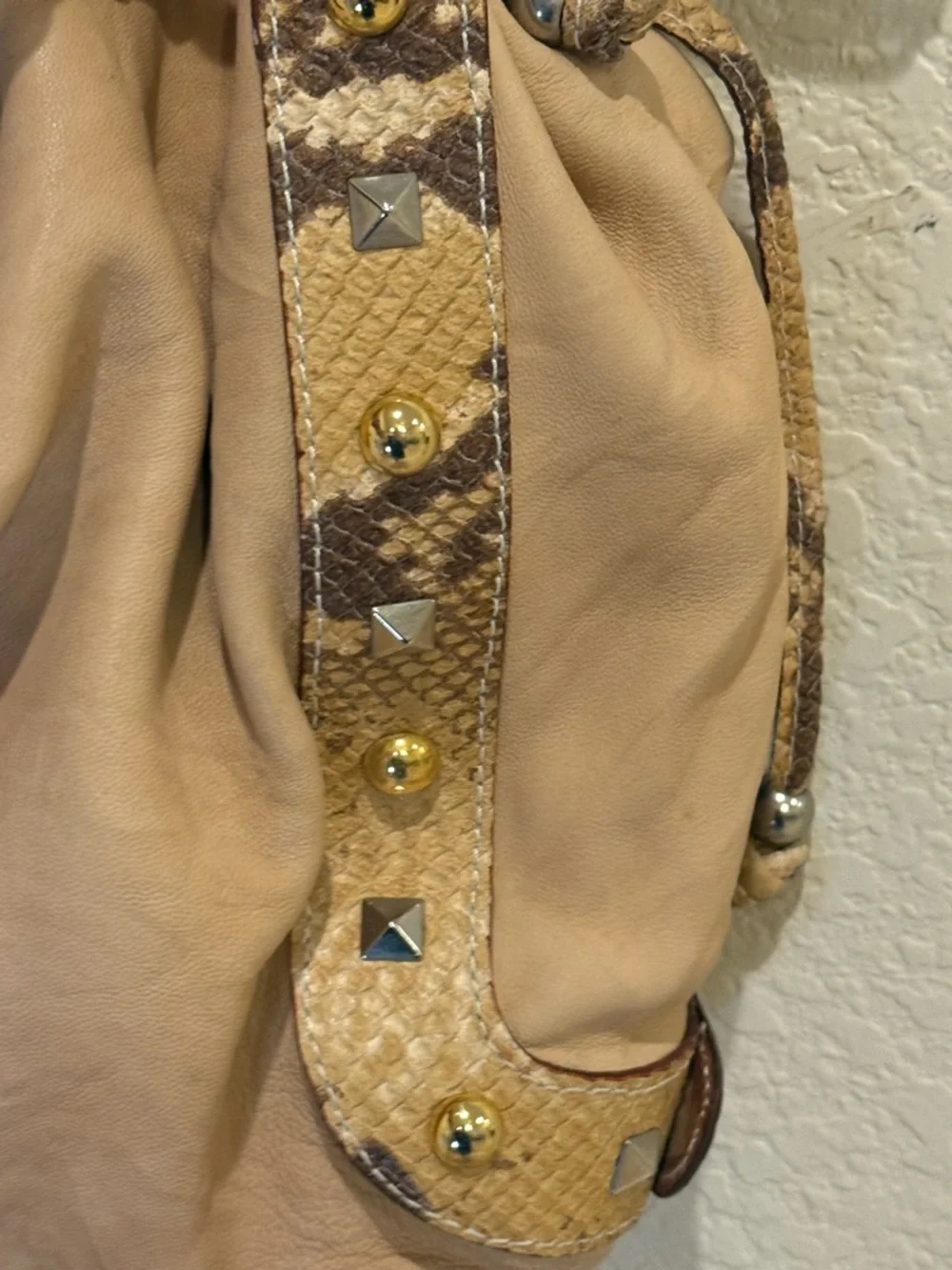 Y2K Tan Leather Python Trim Hobo Bag Mania Italy Silver Ring Gold Stud Boho